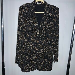 Vikki Vi button front black tan floral print jacket blazer Sz 2X slinky vintage